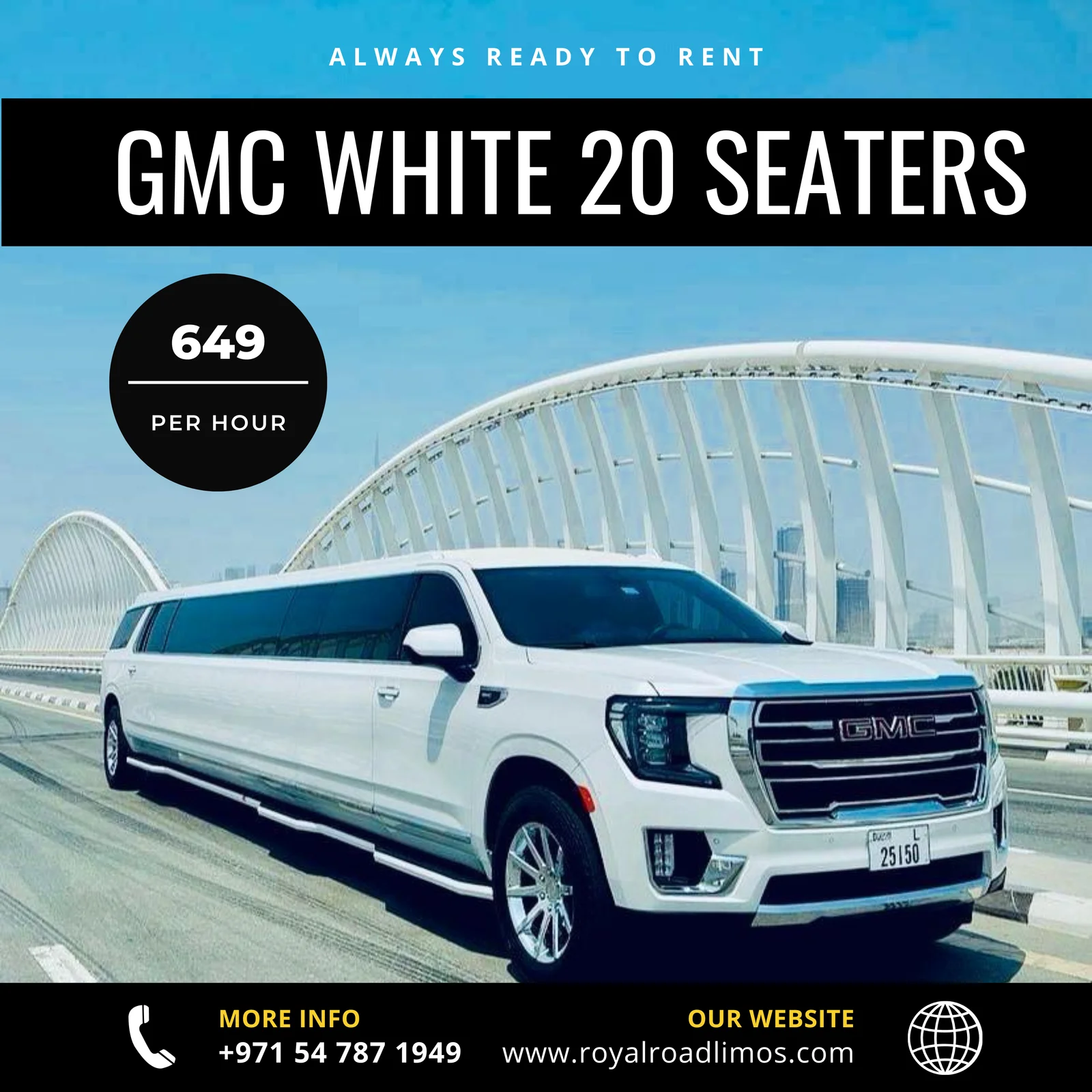 White GMC stretch limousine, 20 seater, Dubai