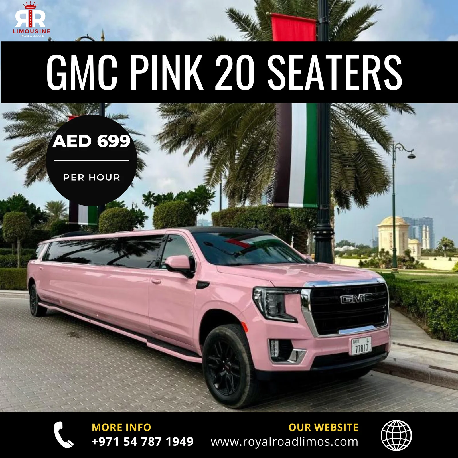 Pink GMC stretch limousine, 20 seater, Dubai