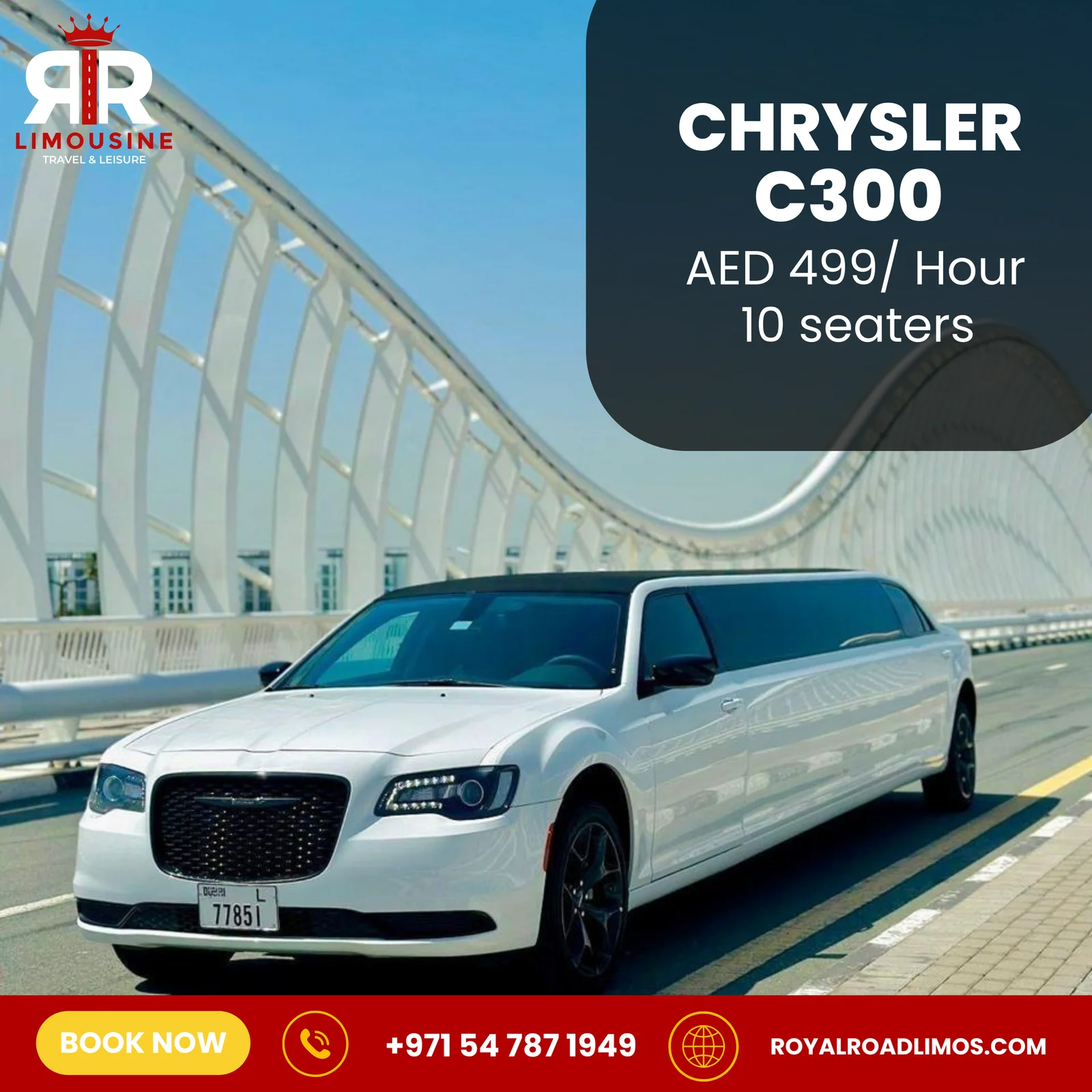 White Chrysler 300C limousine, 10 seater, Dubai