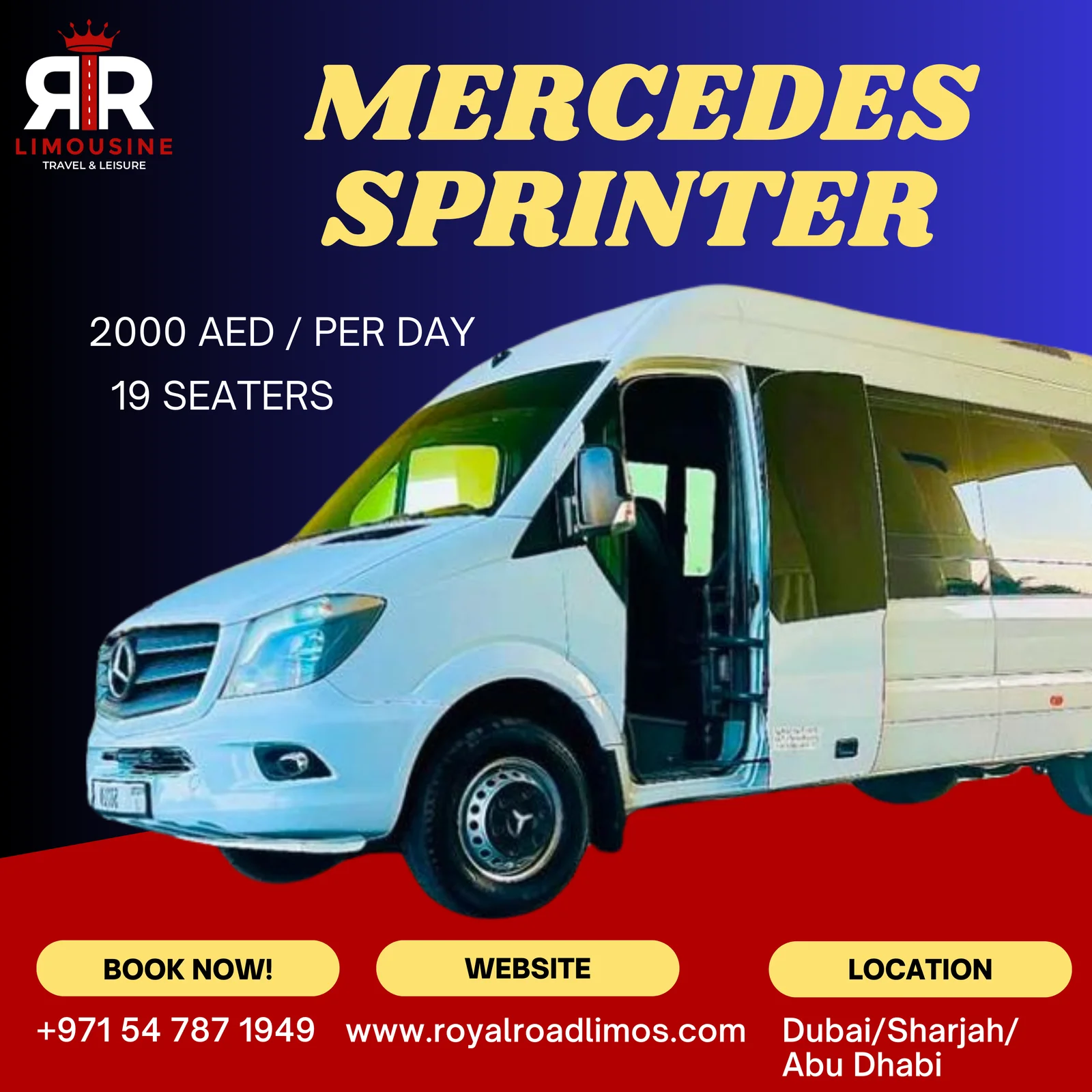 White Mercedes Sprinter van for rent in Dubai