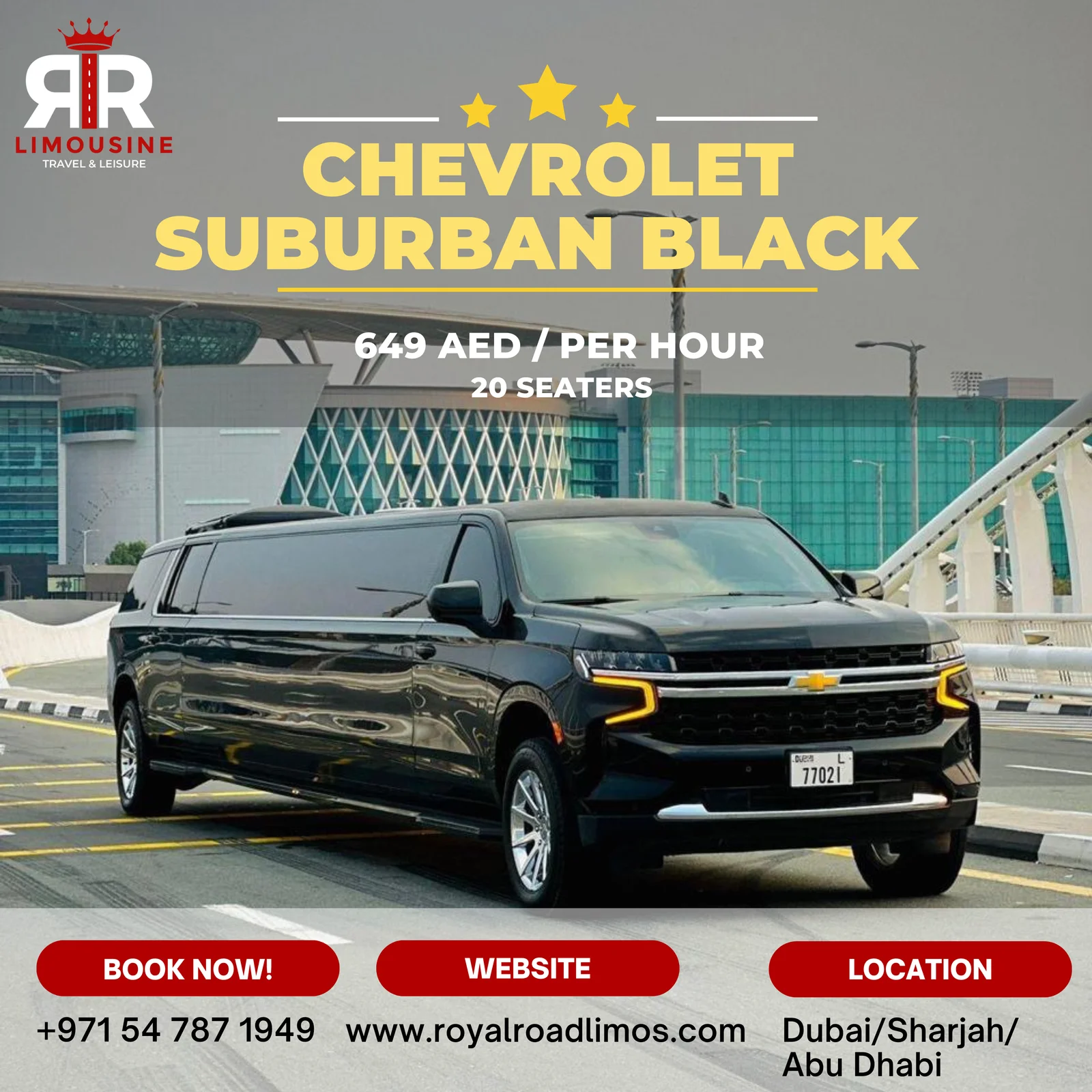 Black Chevrolet Suburban limousine, 20 seater, Dubai