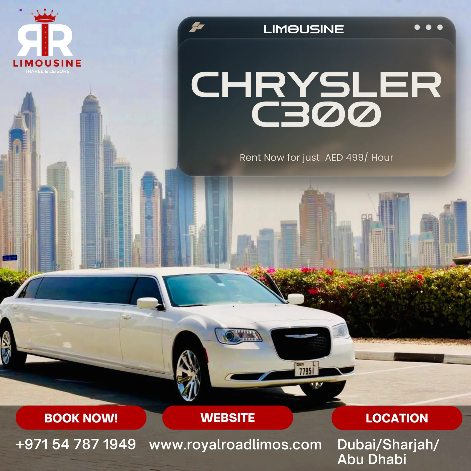 White Chrysler 300C stretch limousine with Dubai skyline